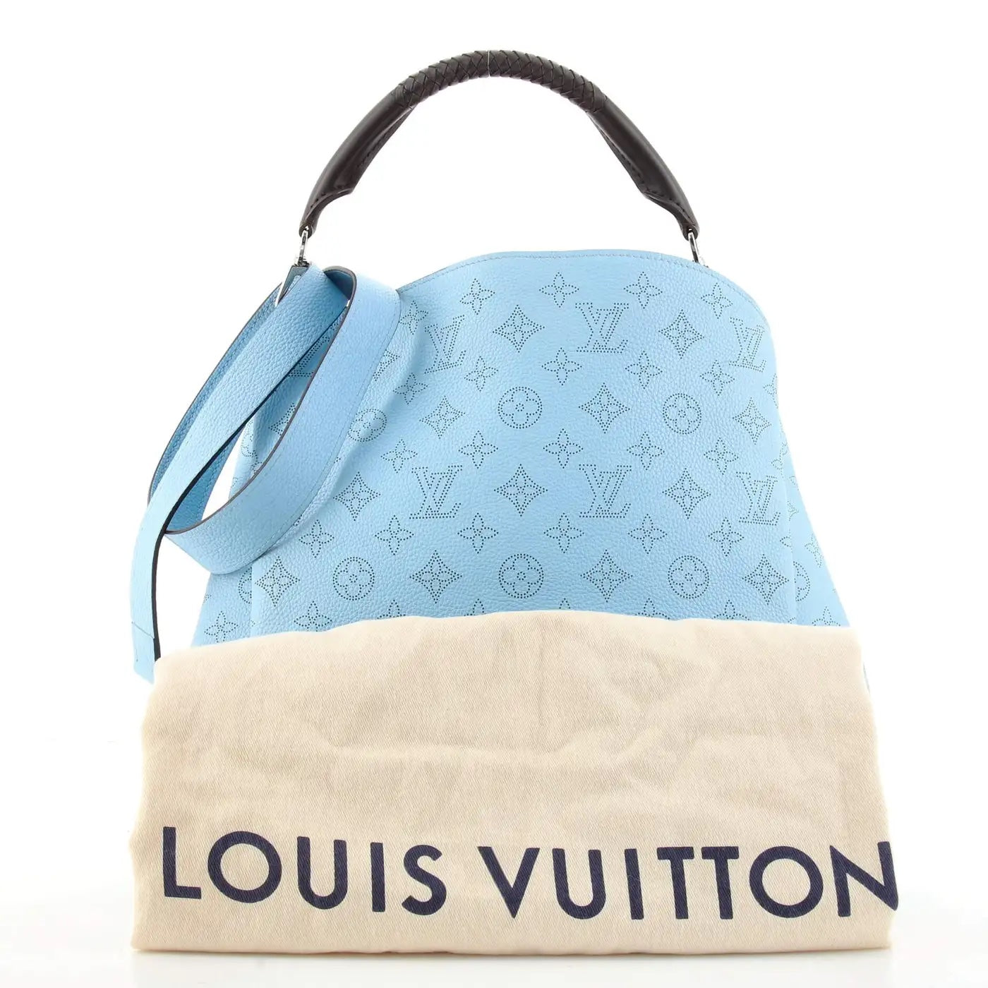 LOUIS VUITTON MONOGRAM MAHINA LEATHER BABYLONE PM  BAG IN ICE BLUE