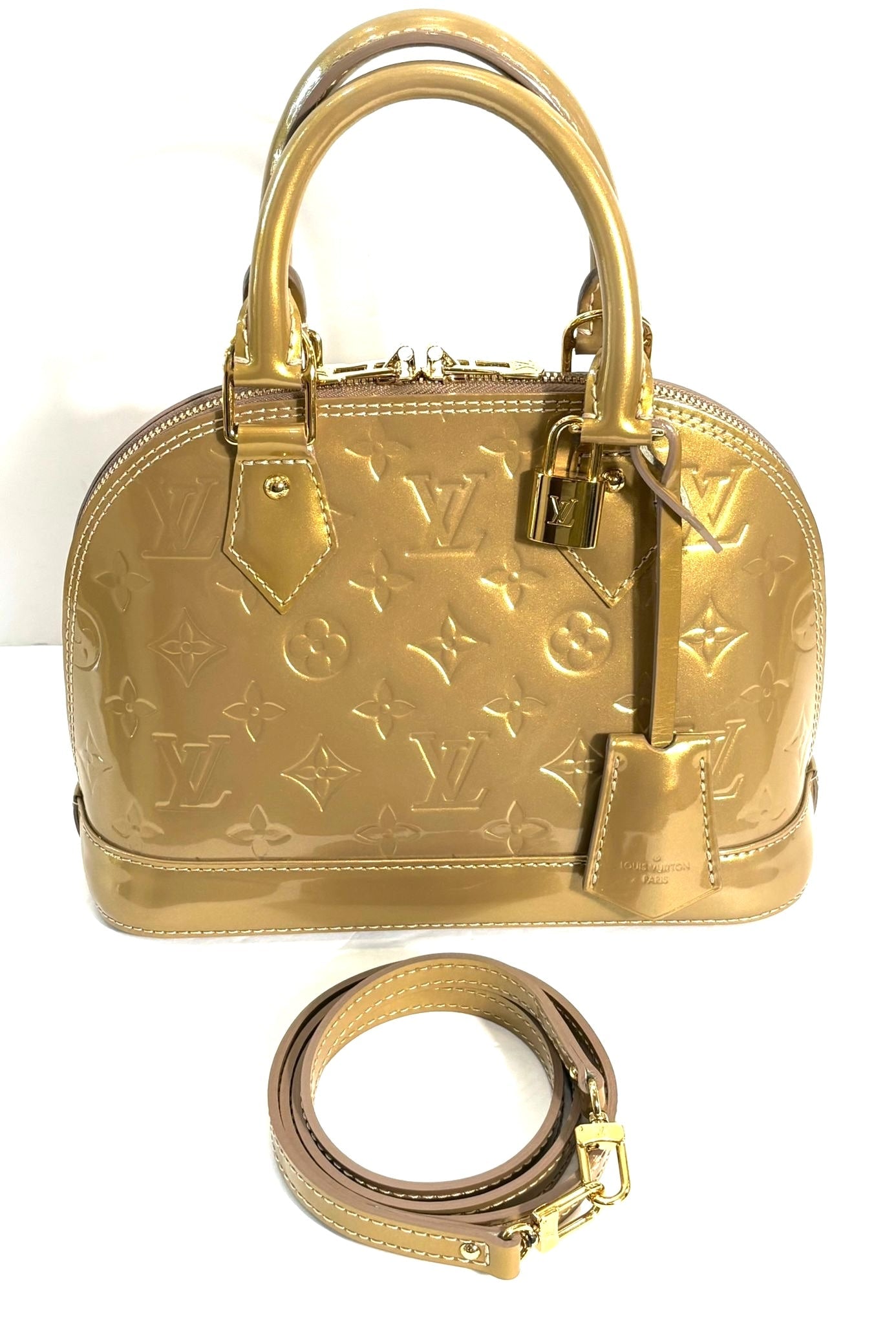 LOUIS VUITTON VERNIS ALMA BB HANDBAG GOLD