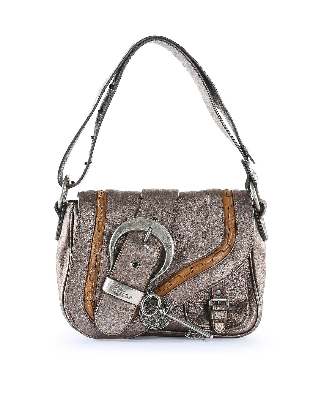 CHRISTIAN DIOR Metallic Bronze Calfskin Leather Vintage Gaucho Double Saddle Bag