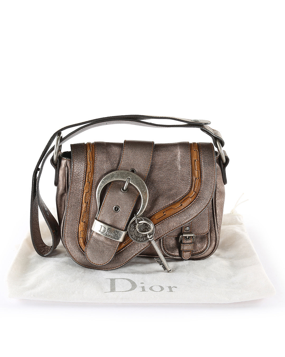 CHRISTIAN DIOR Metallic Bronze Calfskin Leather Vintage Gaucho Double Saddle Bag