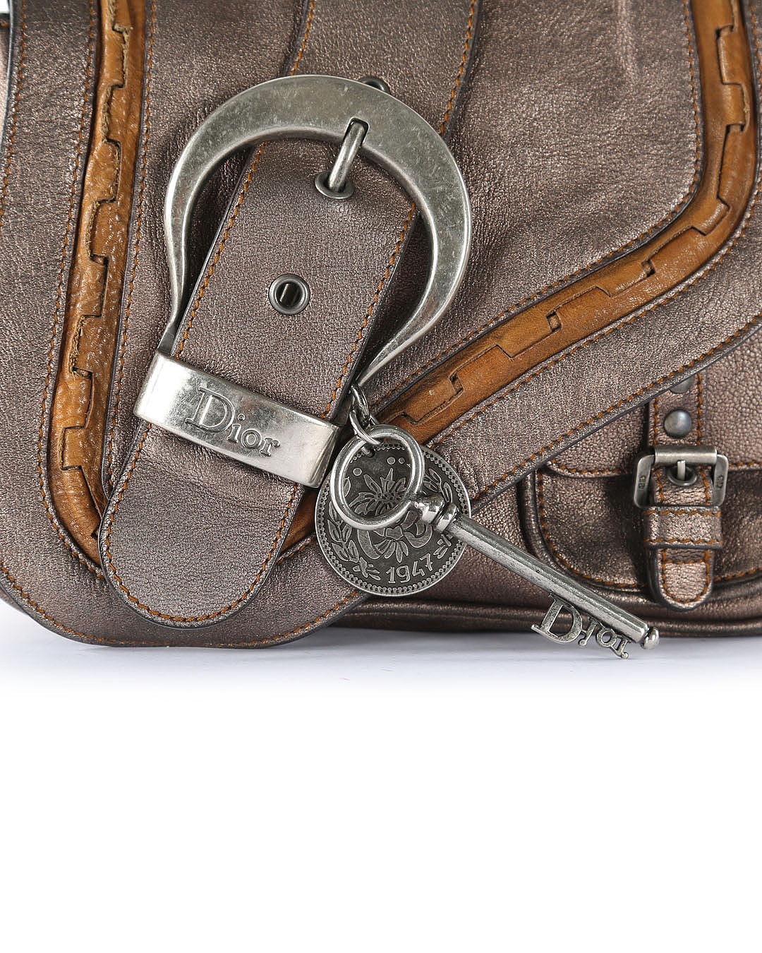 CHRISTIAN DIOR Metallic Bronze Calfskin Leather Vintage Gaucho Double Saddle Bag