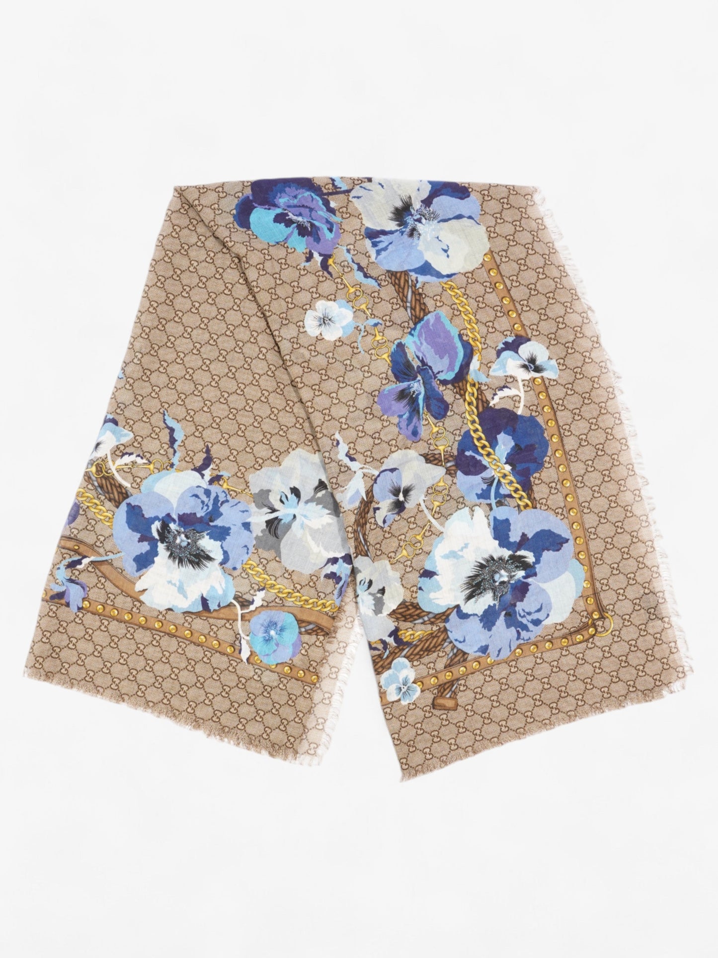 Gucci GG Floral Print Scarf GG Supreme / Blue / Gold Wool