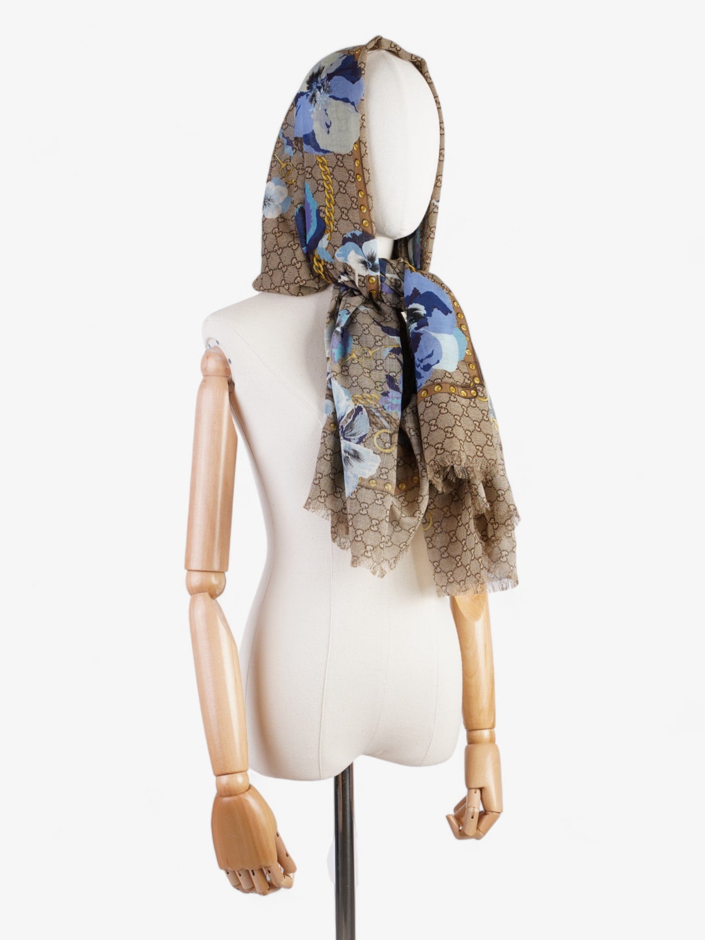 Gucci GG Floral Print Scarf GG Supreme / Blue / Gold Wool