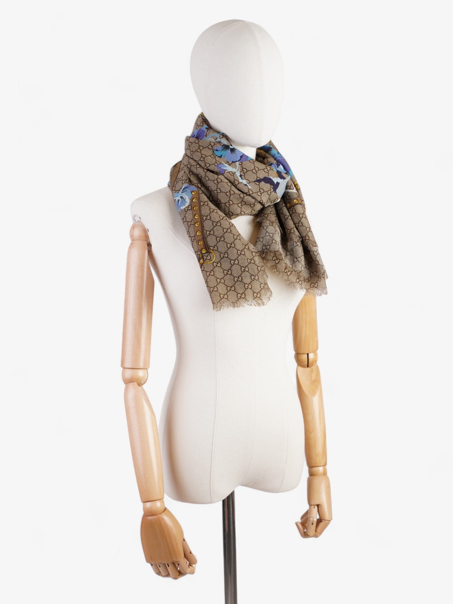 Gucci GG Floral Print Scarf GG Supreme / Blue / Gold Wool