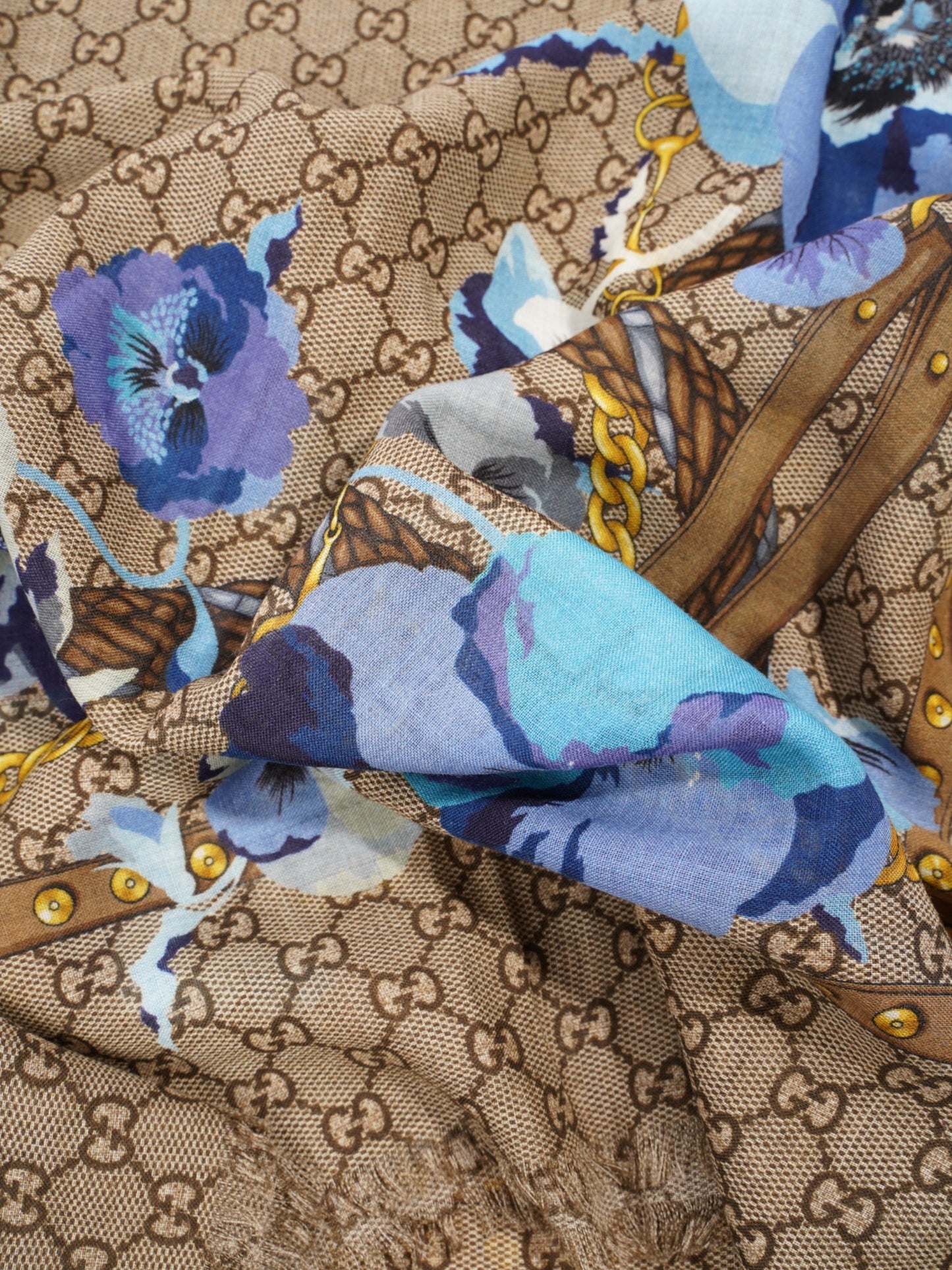 Gucci GG Floral Print Scarf GG Supreme / Blue / Gold Wool