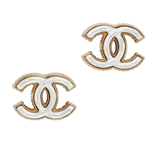 Gold Tone/White Enamel CC Stud Earrings