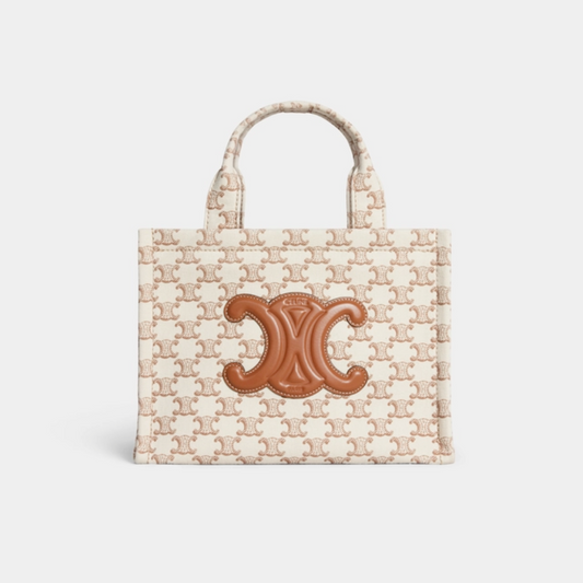 Small Cabas Thais In Textile With Triomphe Canvas Print And Calfskin White - Tote Bag for Women