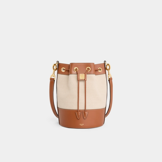 Small Drawstring Cabas Marin In Textile And Calfskin Natural / Tan Leather Bucket Bag for Women