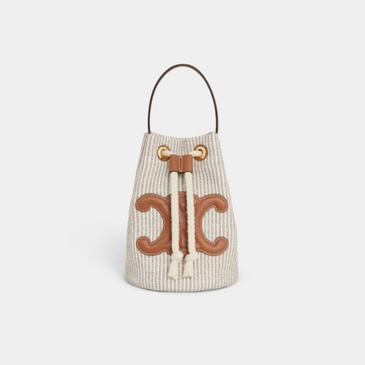 Teen Drawstring In Striped Textile And Calfskin Beige - Bucket Bag for Women