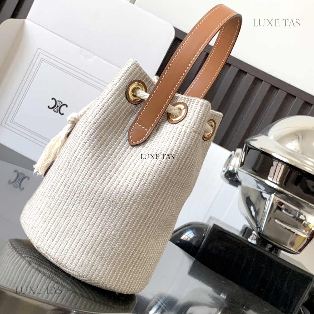 Teen Drawstring In Striped Textile And Calfskin Beige - Bucket Bag for Women
