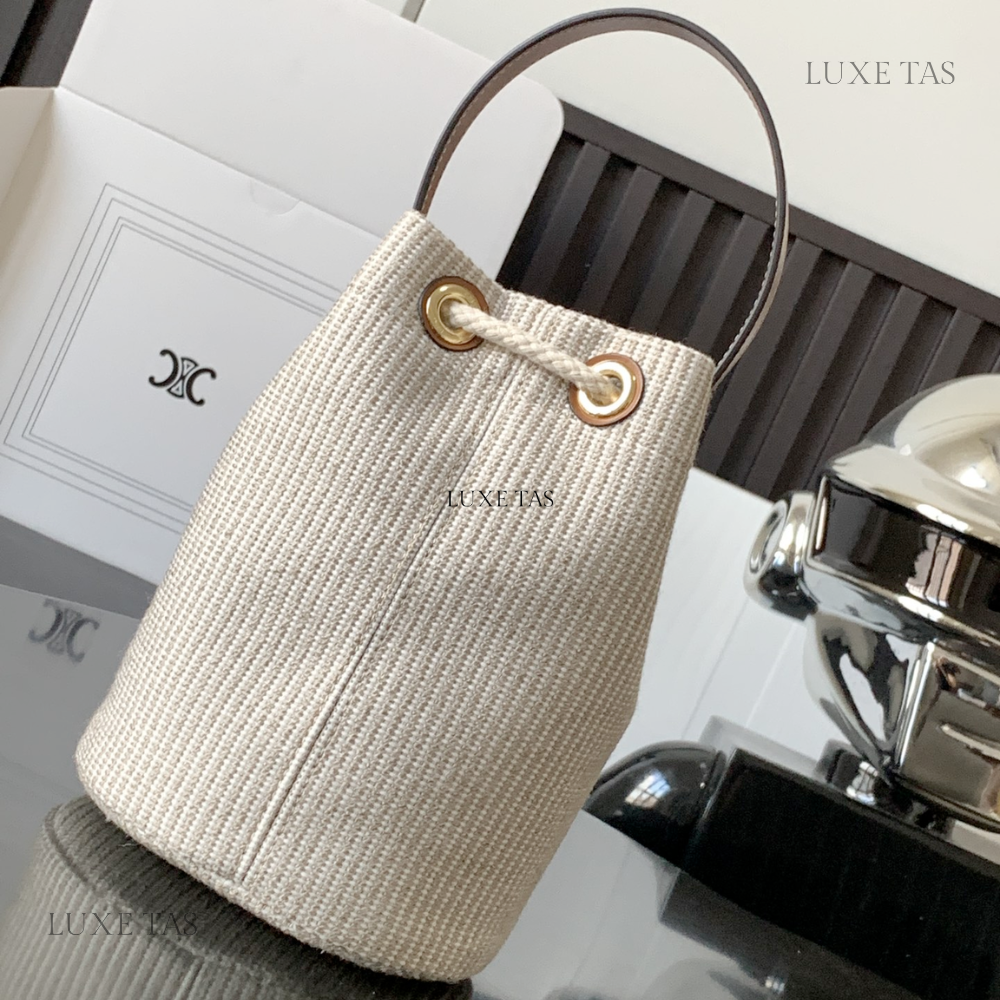 Teen Drawstring In Striped Textile And Calfskin Beige - Bucket Bag for Women