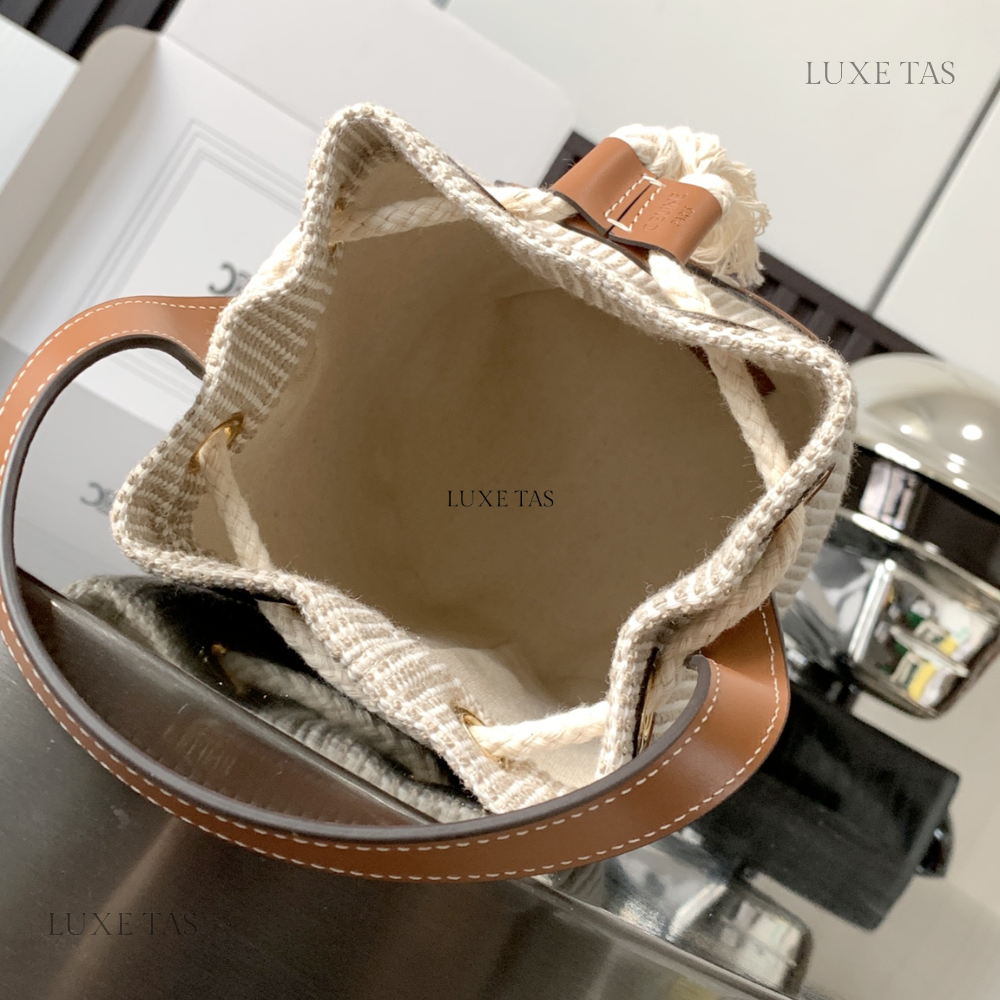Teen Drawstring In Striped Textile And Calfskin Beige - Bucket Bag for Women
