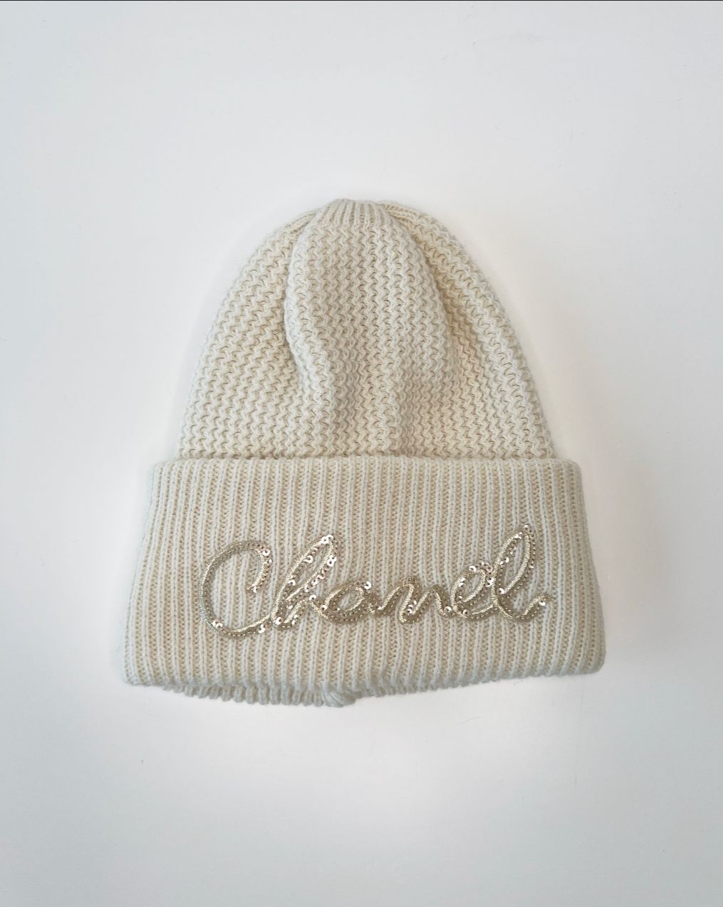Chanel Cream Embroidered Logo Sequin Knitted Beanie Hat