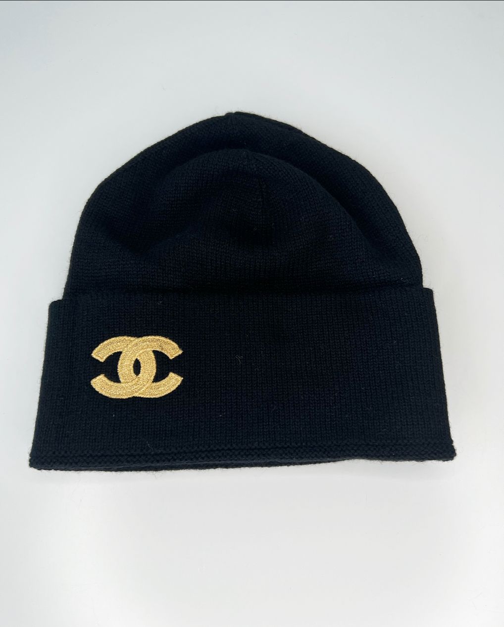Chanel Black Knitted Gold Logo Beanie