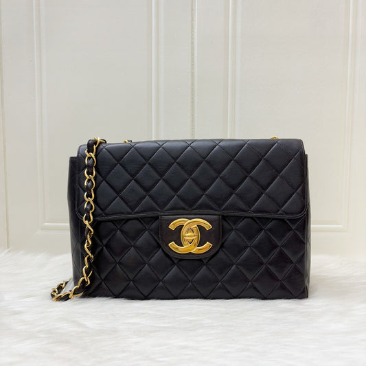 Chanel Vintage Jumbo / Maxi Flap with XL CC Logo in Black Lambskin and 24K Gold-Plated HW