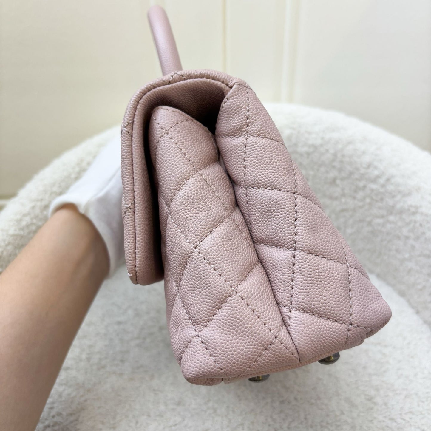 Chanel Small (24cm) Coco Handle in Pink Caviar and RHW (Model: A92990)