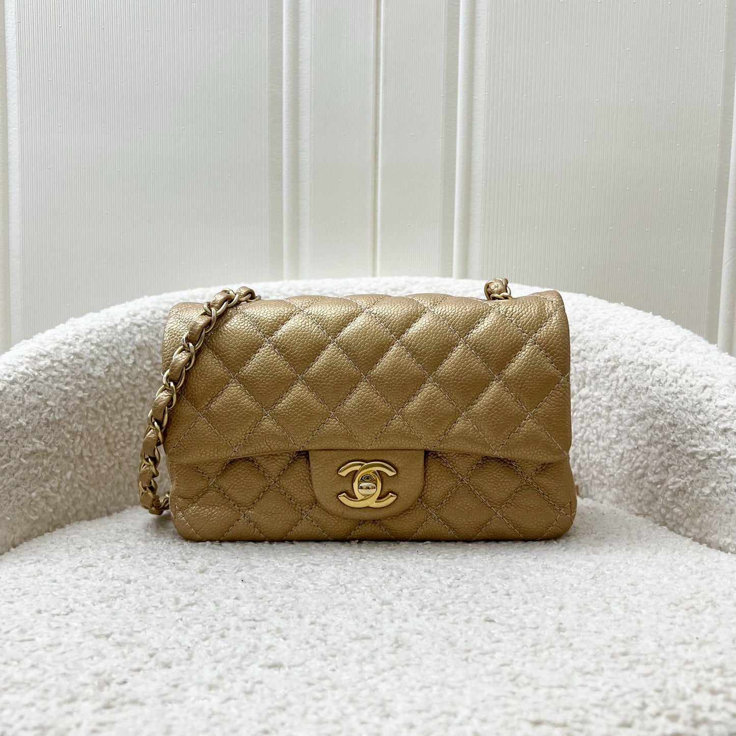 Chanel Classic Mini Rectangle Flap in Gold Caviar and AGHW