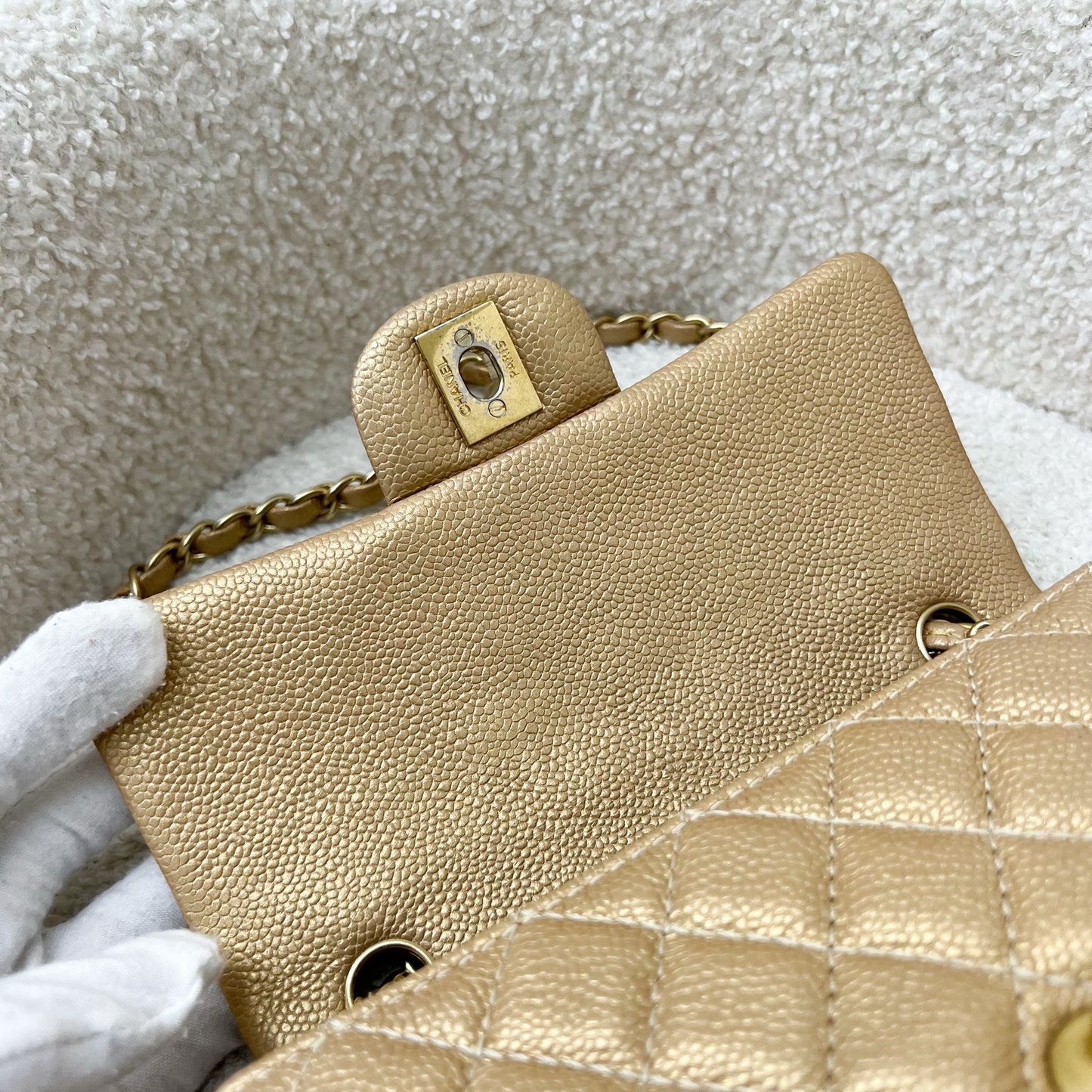 Chanel Classic Mini Rectangle Flap in Gold Caviar and AGHW
