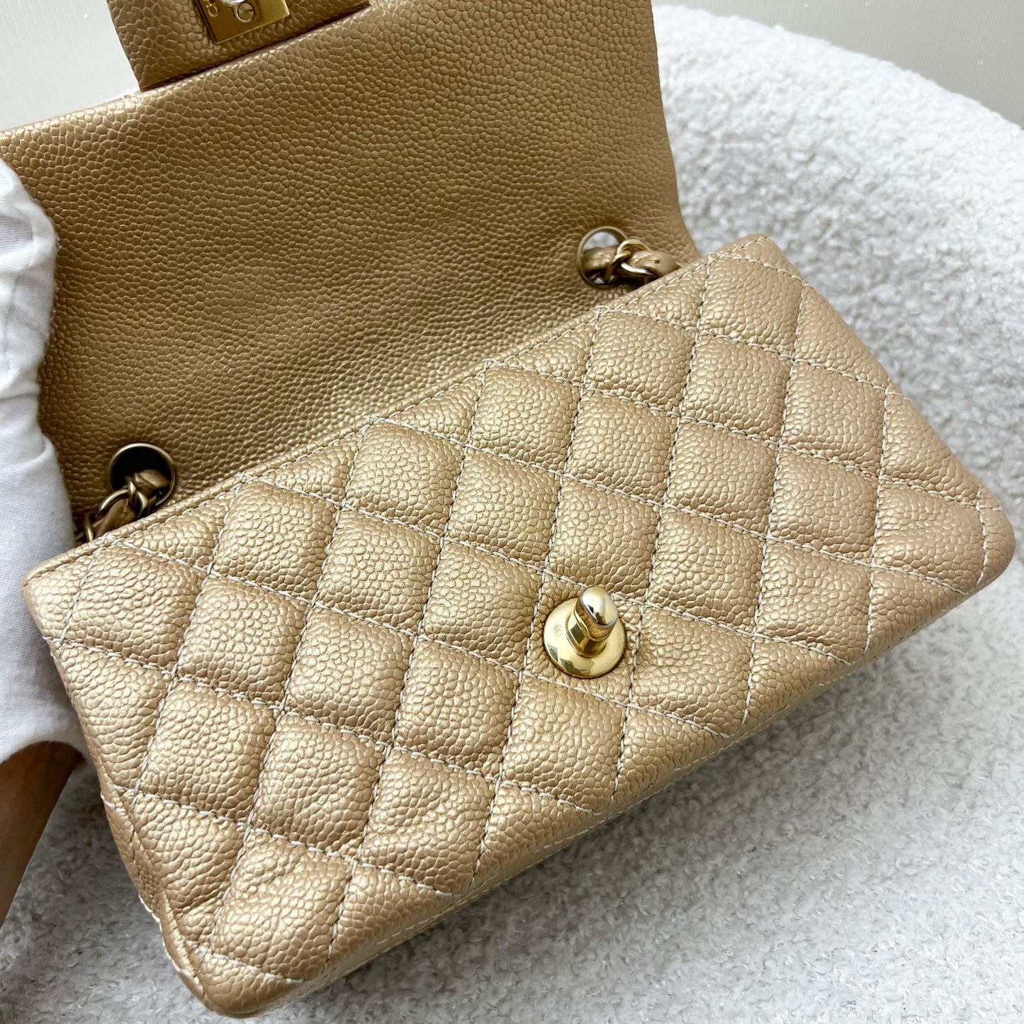 Chanel Classic Mini Rectangle Flap in Gold Caviar and AGHW