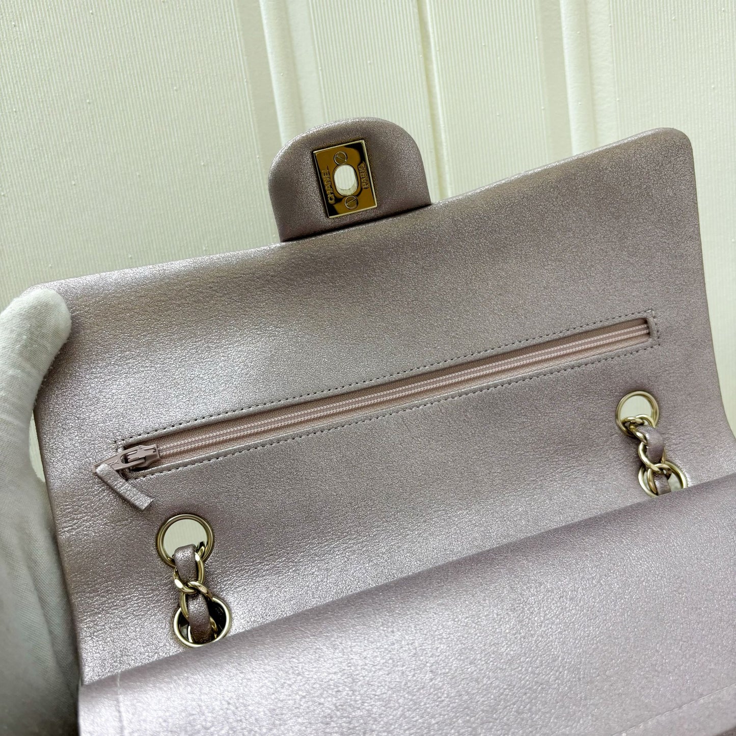 Chanel Medium Classic Flap CF in Metallic Pink Leather and LGHW