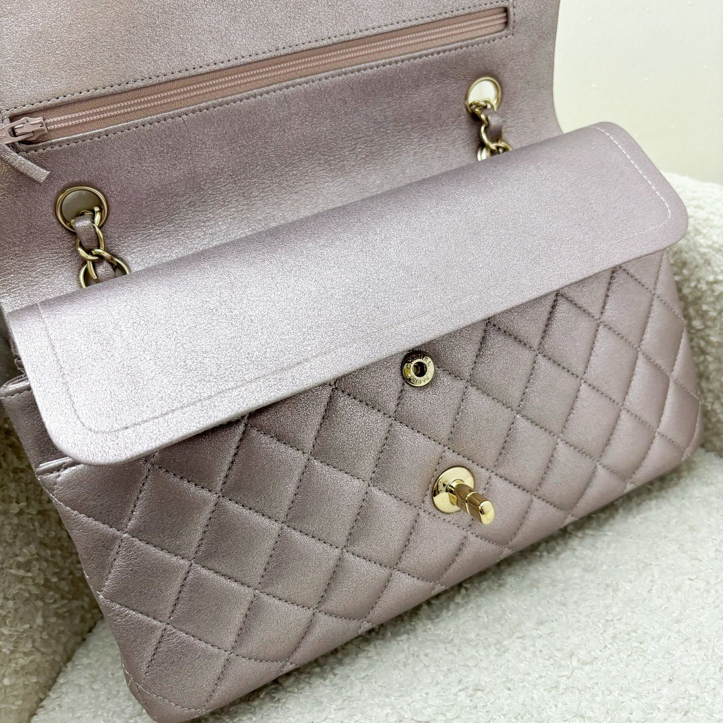 Chanel Medium Classic Flap CF in Metallic Pink Leather and LGHW