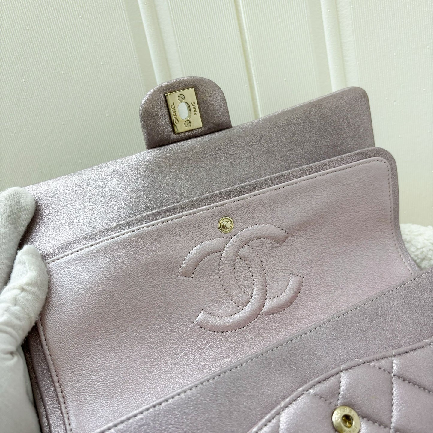 Chanel Medium Classic Flap CF in Metallic Pink Leather and LGHW