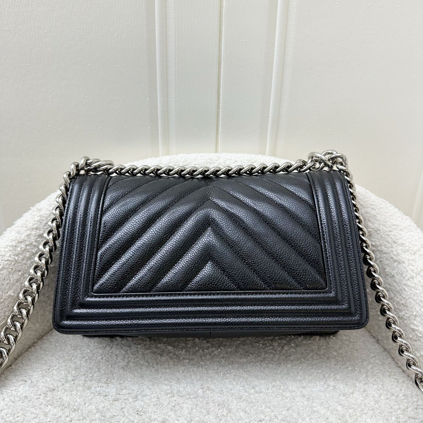 Chanel Medium 25cm Boy Flap in Chevron Quilted Black Caviar and SHW