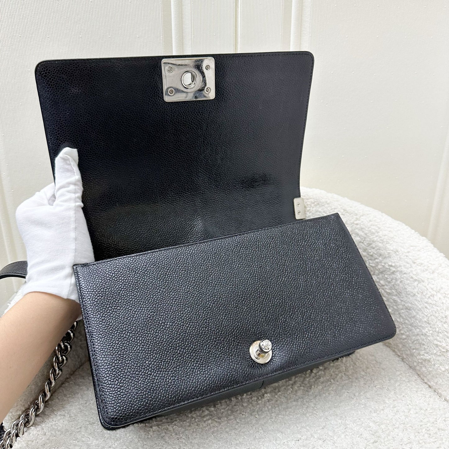 Chanel Medium 25cm Boy Flap in Chevron Quilted Black Caviar and SHW