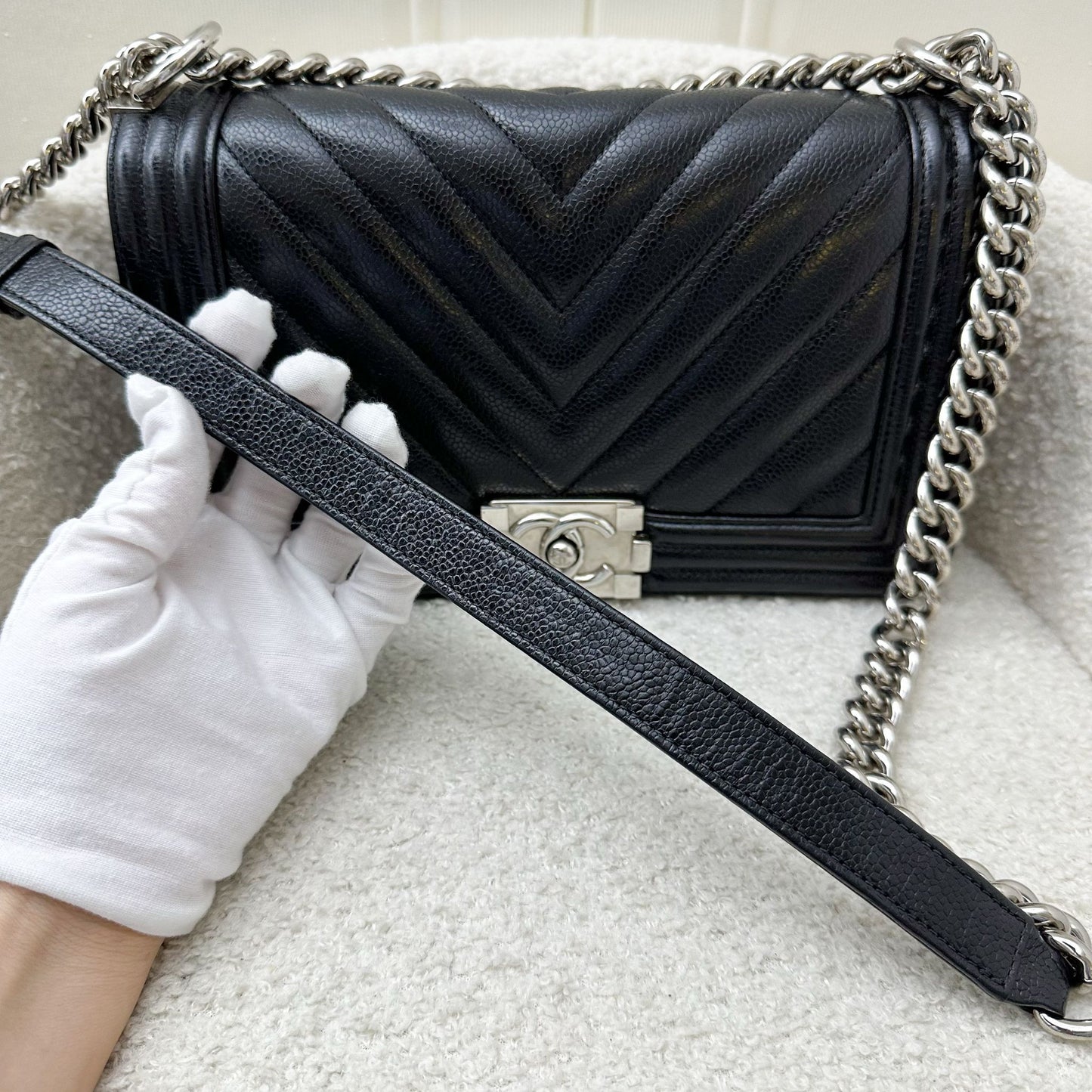Chanel Medium 25cm Boy Flap in Chevron Quilted Black Caviar and SHW