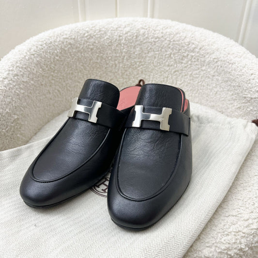 Hermes Women’s Paradis Mule in Black Calfskin and SHW Size 36