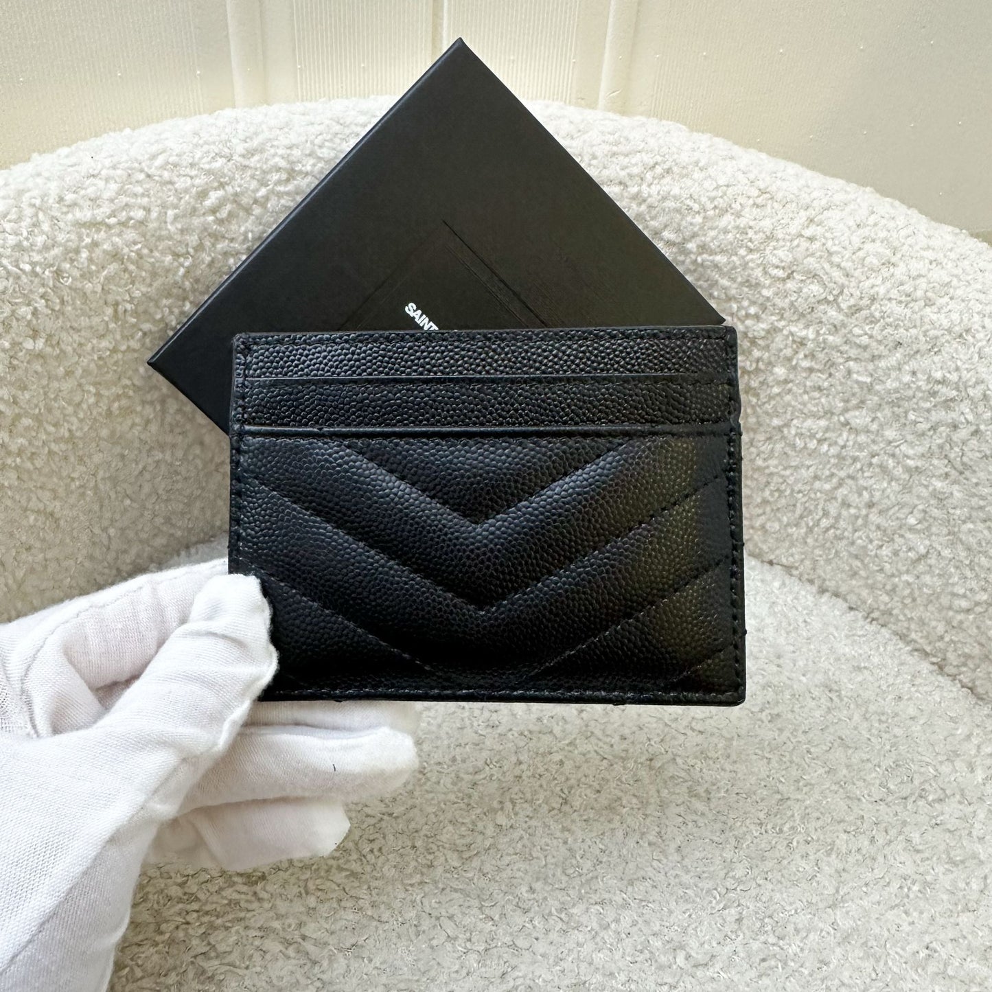 Saint Laurent YSL So Black Flat Card Holder in Black Calfskin and BHW