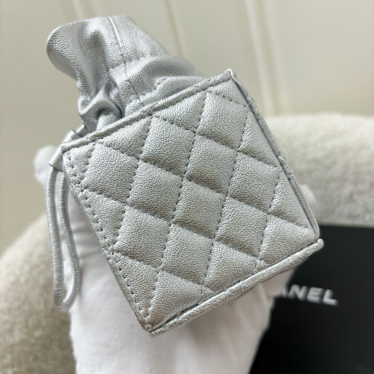 Chanel VIP Gift 2021 Micro Box Bag in Metallic Silver Lambskin and SHW
