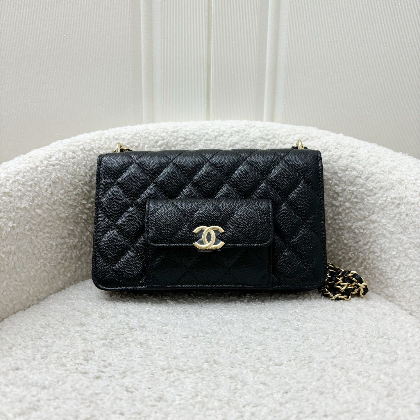 Chanel 22A Seasonal Wallet on Chain WOC in Black Caviar and GHW