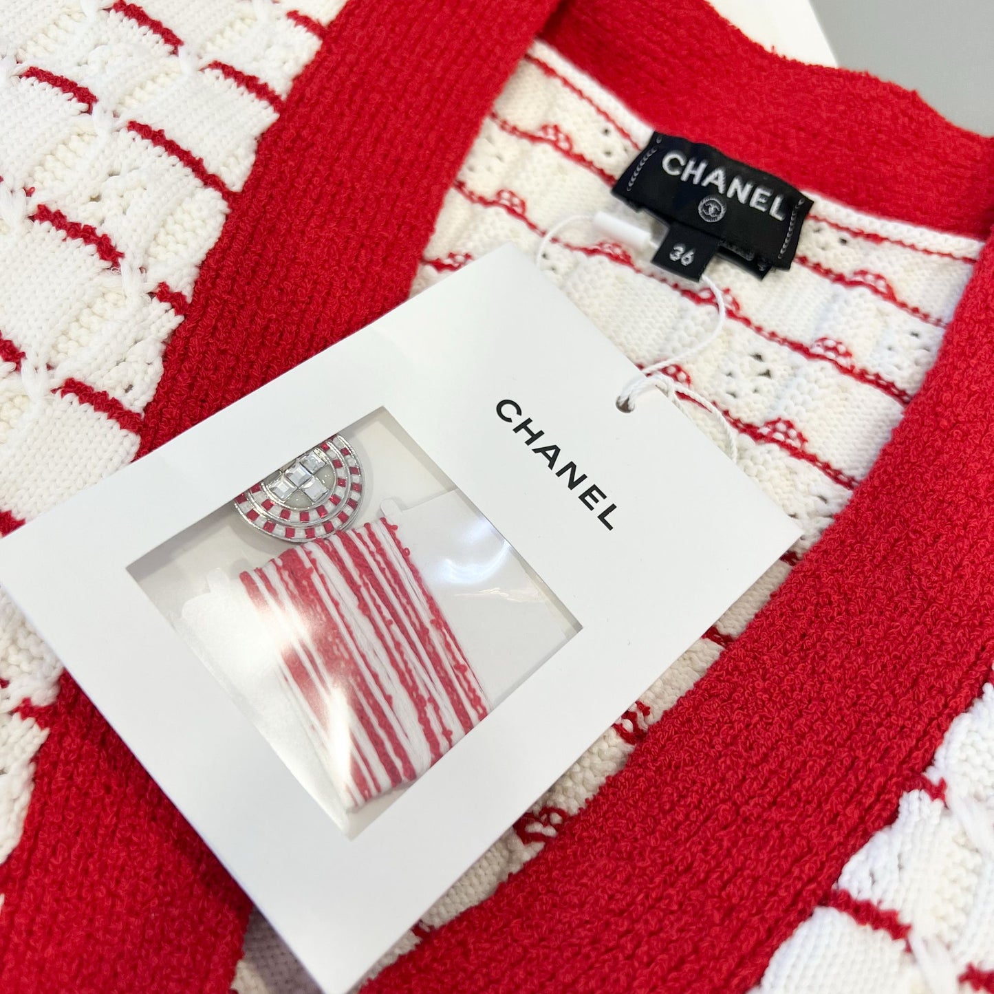 Chanel 23C Rhinestone Jewel Button Cardigan in White and Red Cotton Sz 36