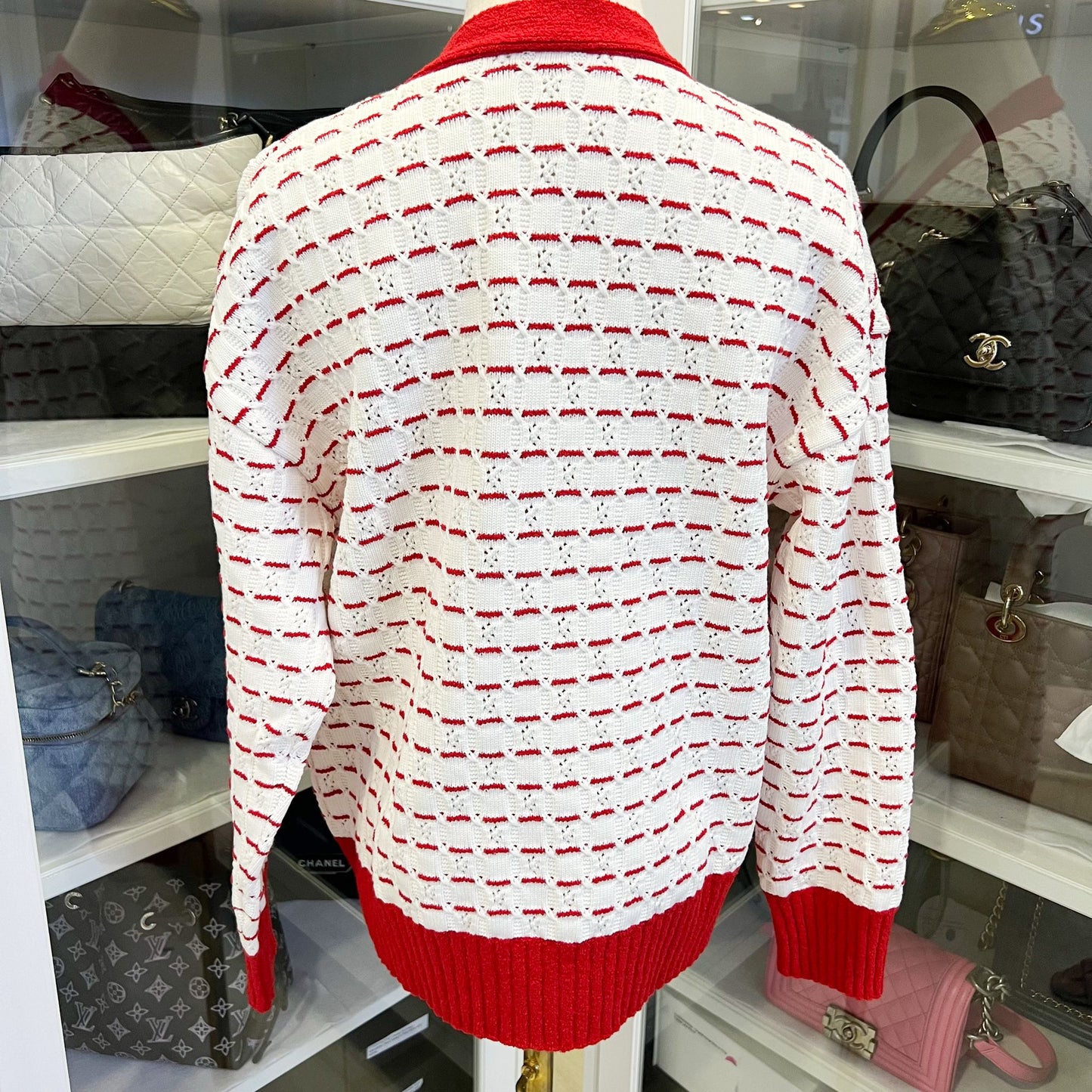 Chanel 23C Rhinestone Jewel Button Cardigan in White and Red Cotton Sz 36