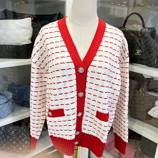Chanel 23C Rhinestone Jewel Button Cardigan in White and Red Cotton Sz 36
