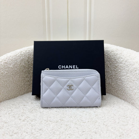 Chanel Zipped Card Holder with Coin Compartment in Light Blue Caviar and SHW