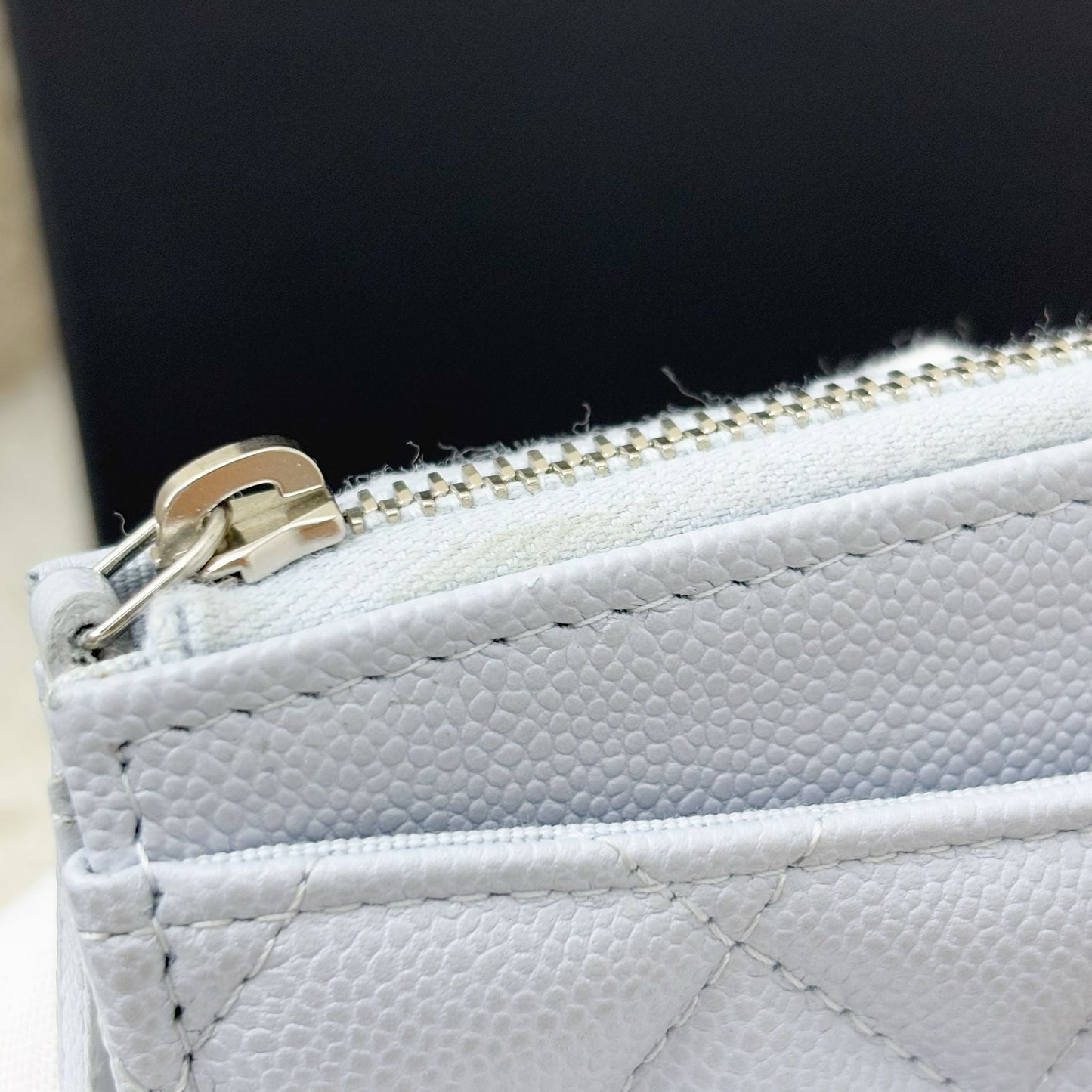 Chanel Zipped Card Holder with Coin Compartment in Light Blue Caviar and SHW