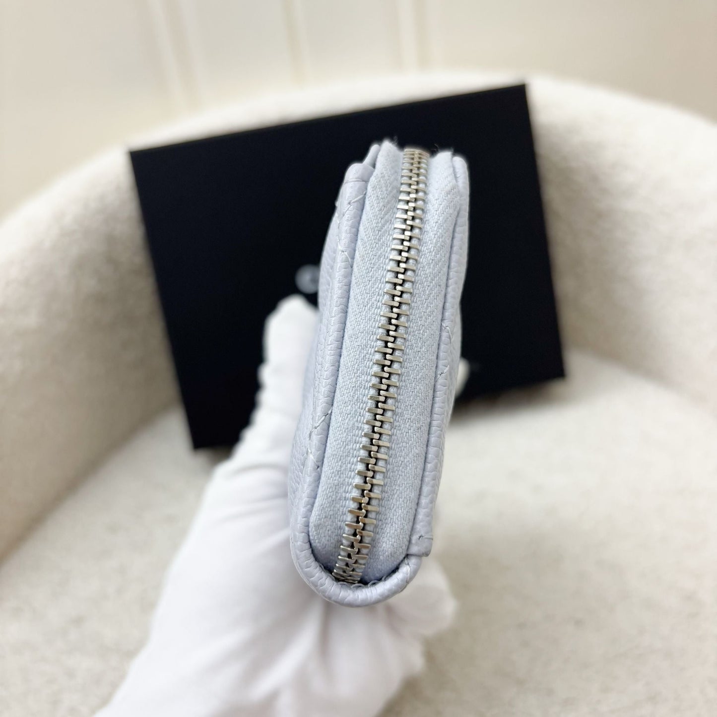 Chanel Zipped Card Holder with Coin Compartment in Light Blue Caviar and SHW