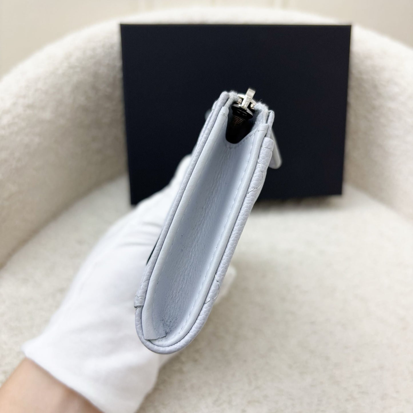 Chanel Zipped Card Holder with Coin Compartment in Light Blue Caviar and SHW