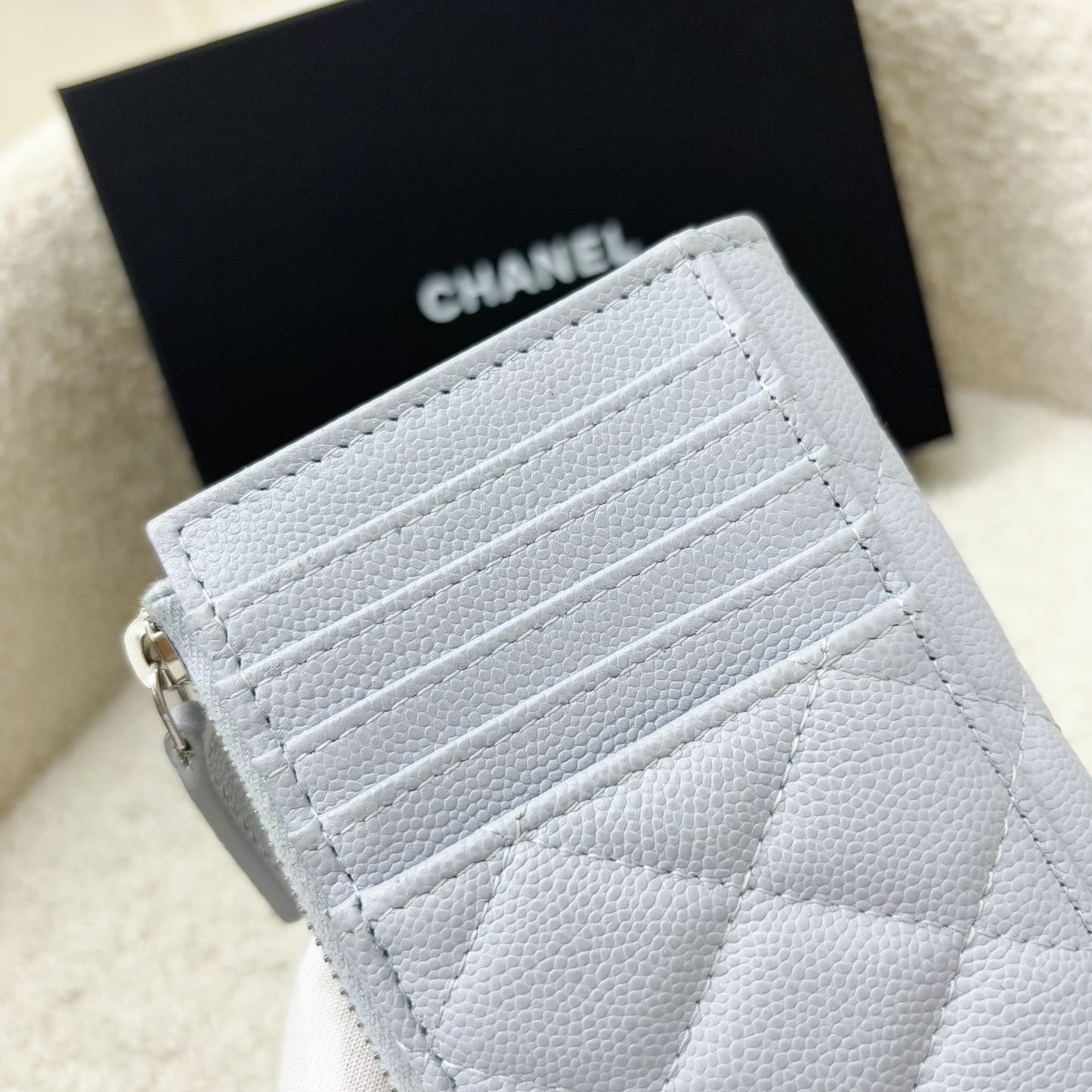 Chanel Zipped Card Holder with Coin Compartment in Light Blue Caviar and SHW