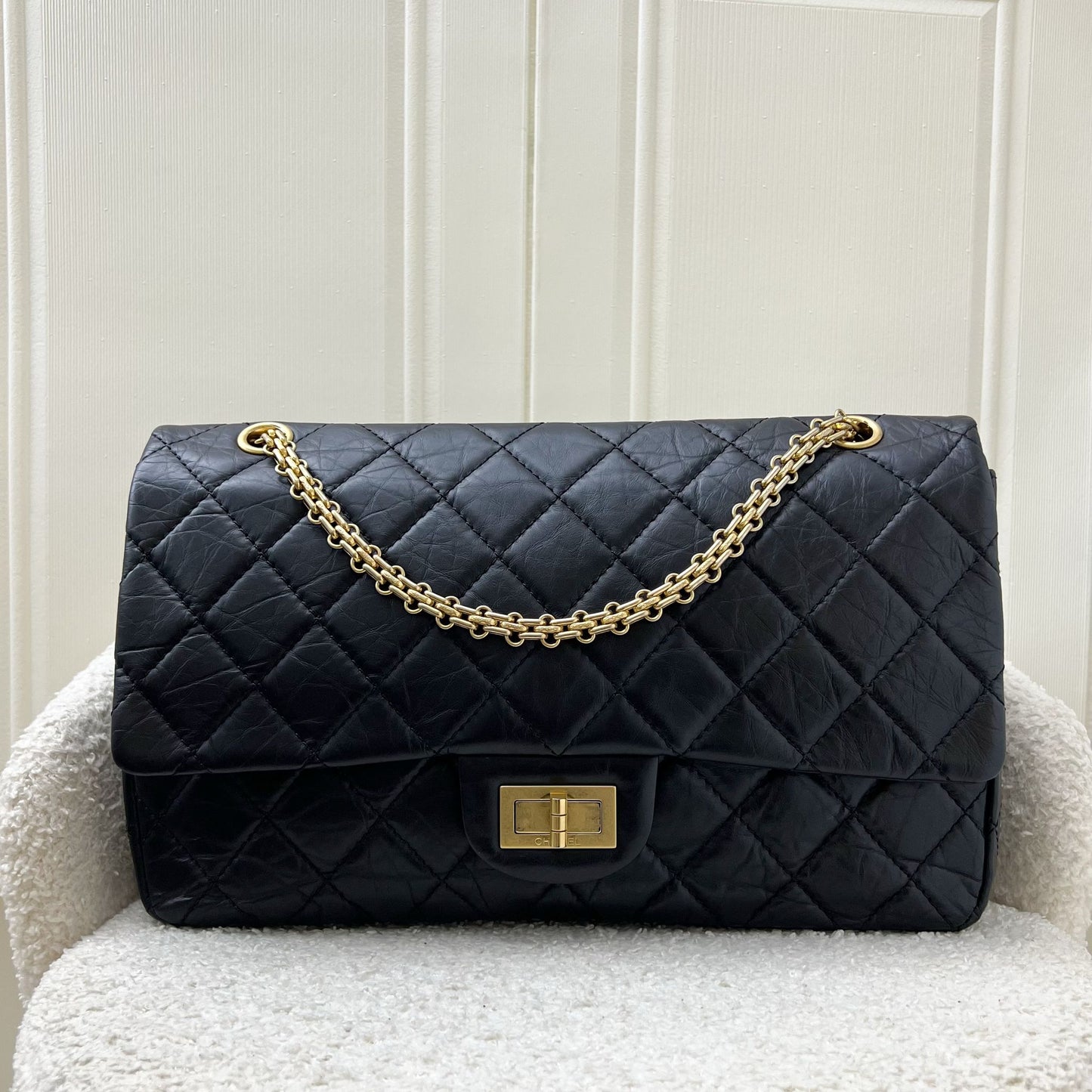 Chanel 2.55 Reissue 227 Flap in Black Distressed Calfskin and GHW