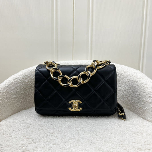 Chanel 22A Mini Flap Bag with Chain in Black Lambskin and AGHW