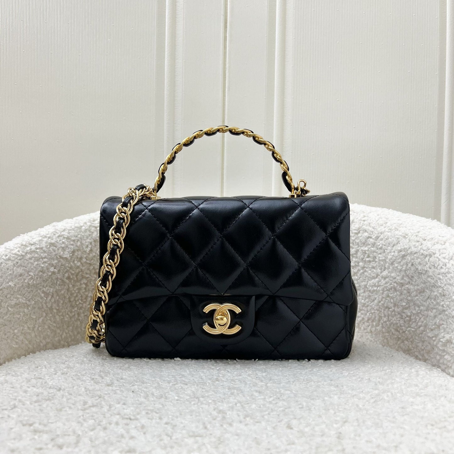 Chanel 23S Top Handle Small / Mini 21cm Flap in Black Lambskin and Shiny GHW