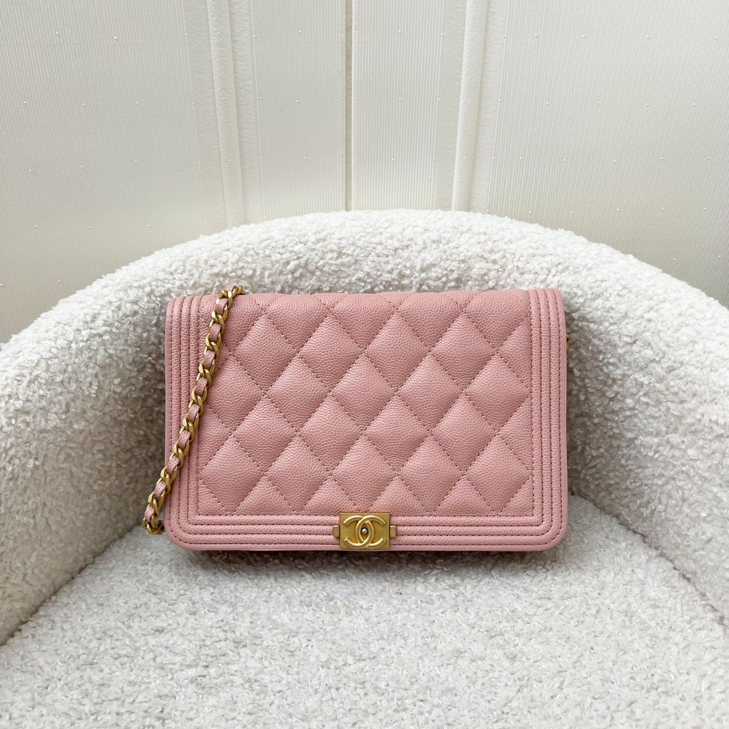 Chanel Boy Wallet on Chain WOC in Light Pink Caviar and AGHW