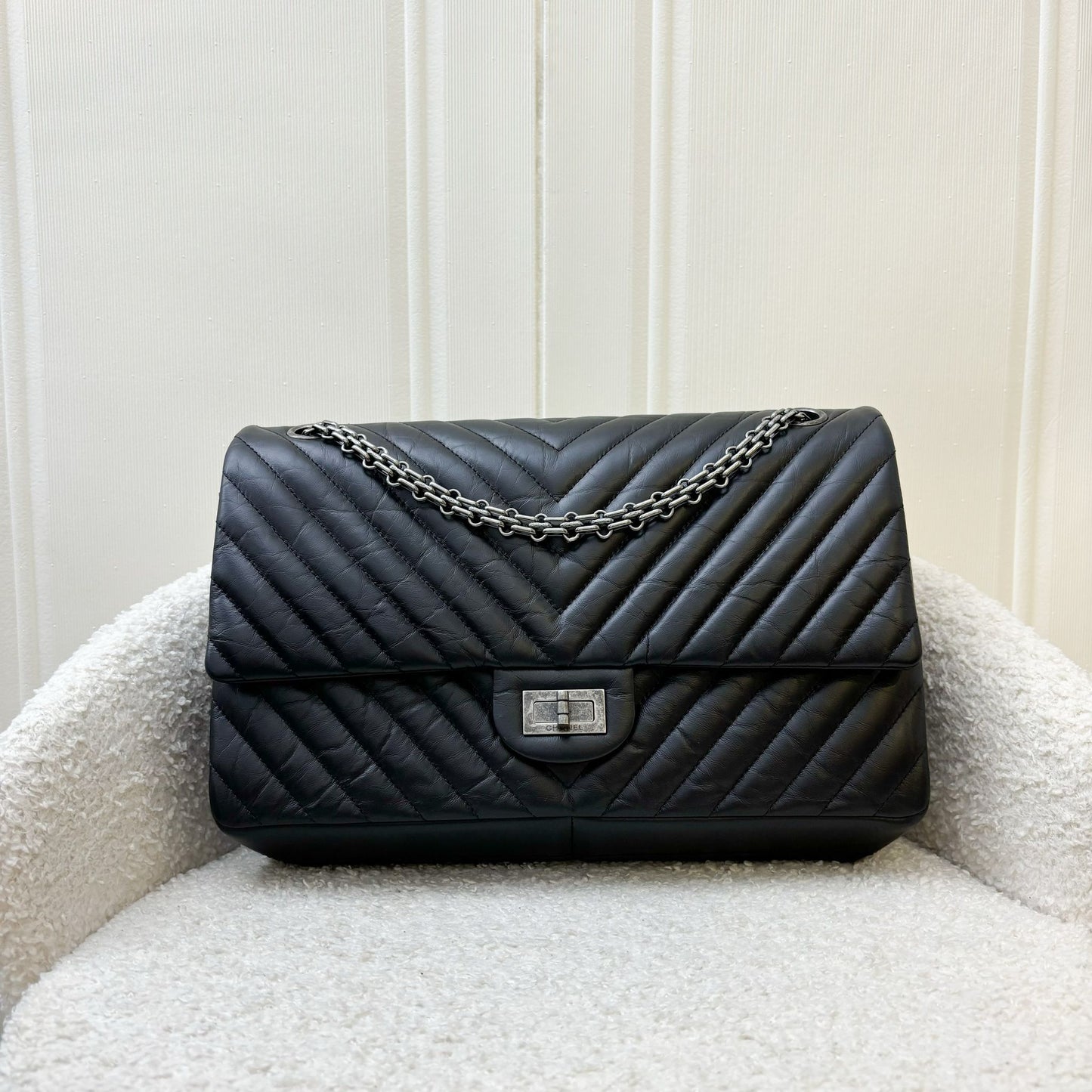 Chanel 2.55 Reissue 226 Flap in Chevron Black Distressed Leather and RHW