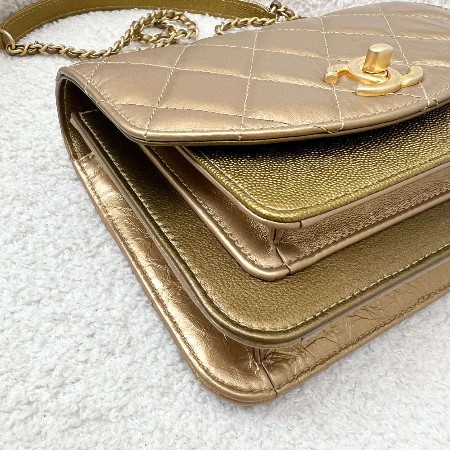 Chanel Seasonal Flap Bag in Gold Shiny Calfskin/Caviar and AGHW