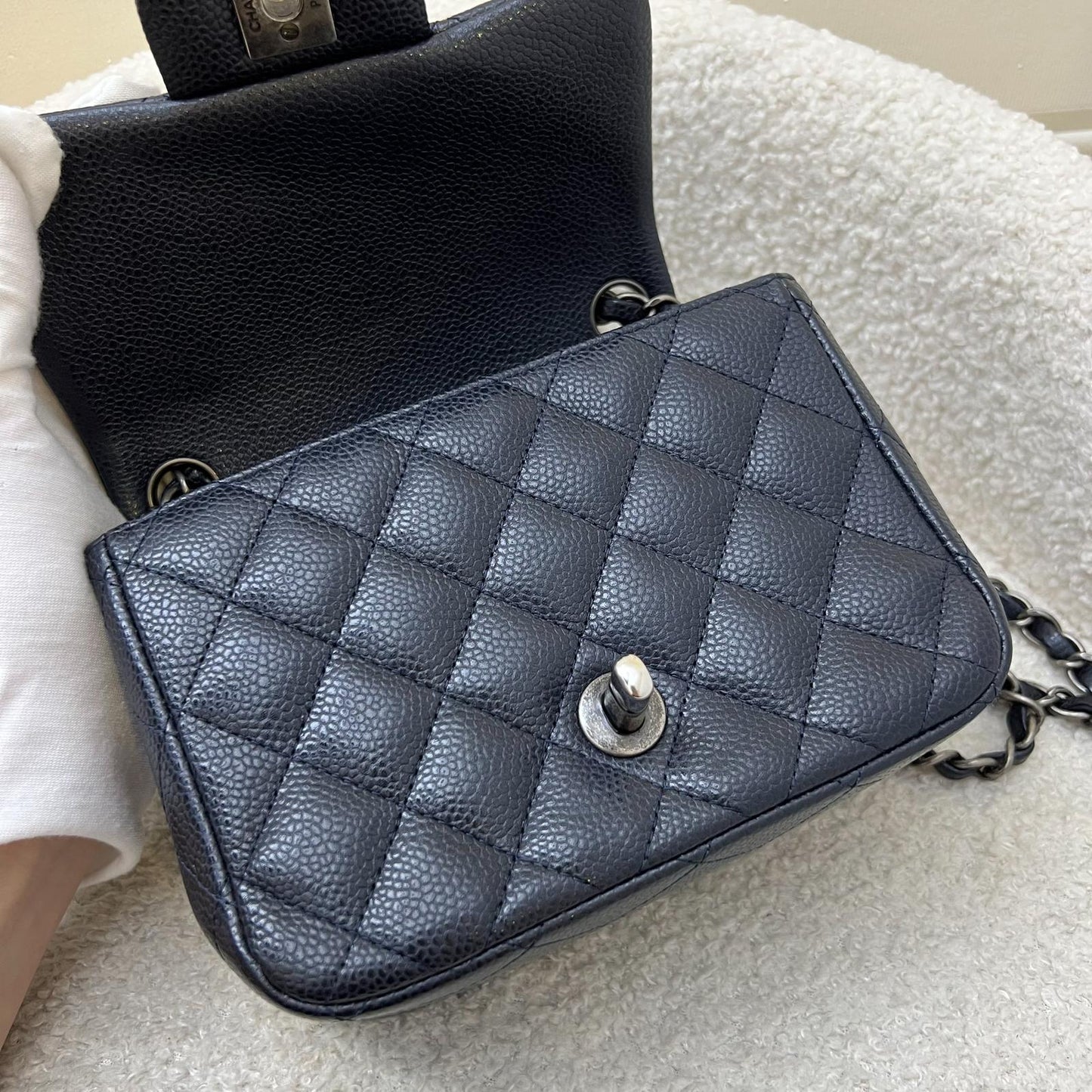 Chanel Classic Mini Square Flap in Navy Blue (Almost Black) Caviar and RHW