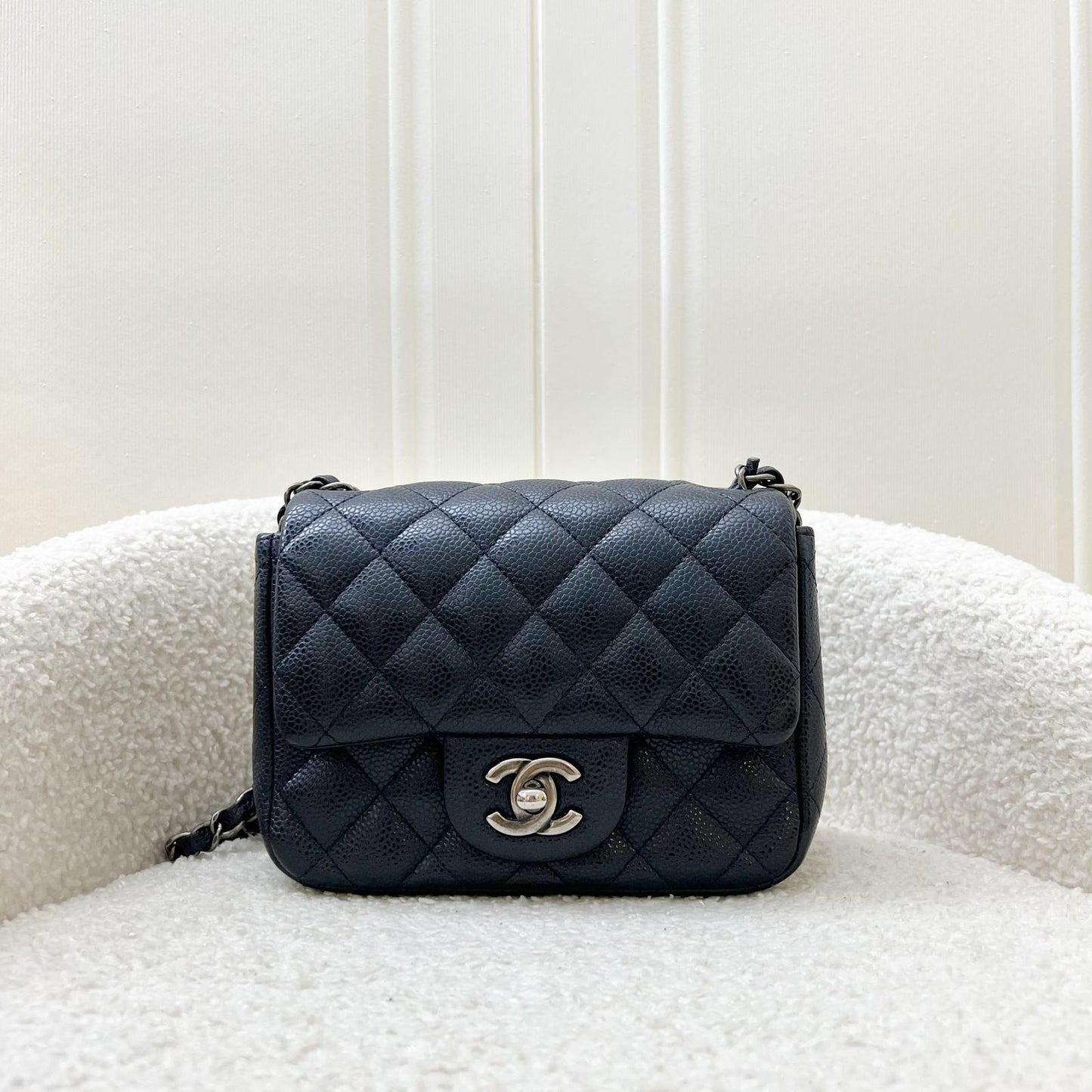 Chanel Classic Mini Square Flap in Navy Blue (Almost Black) Caviar and RHW