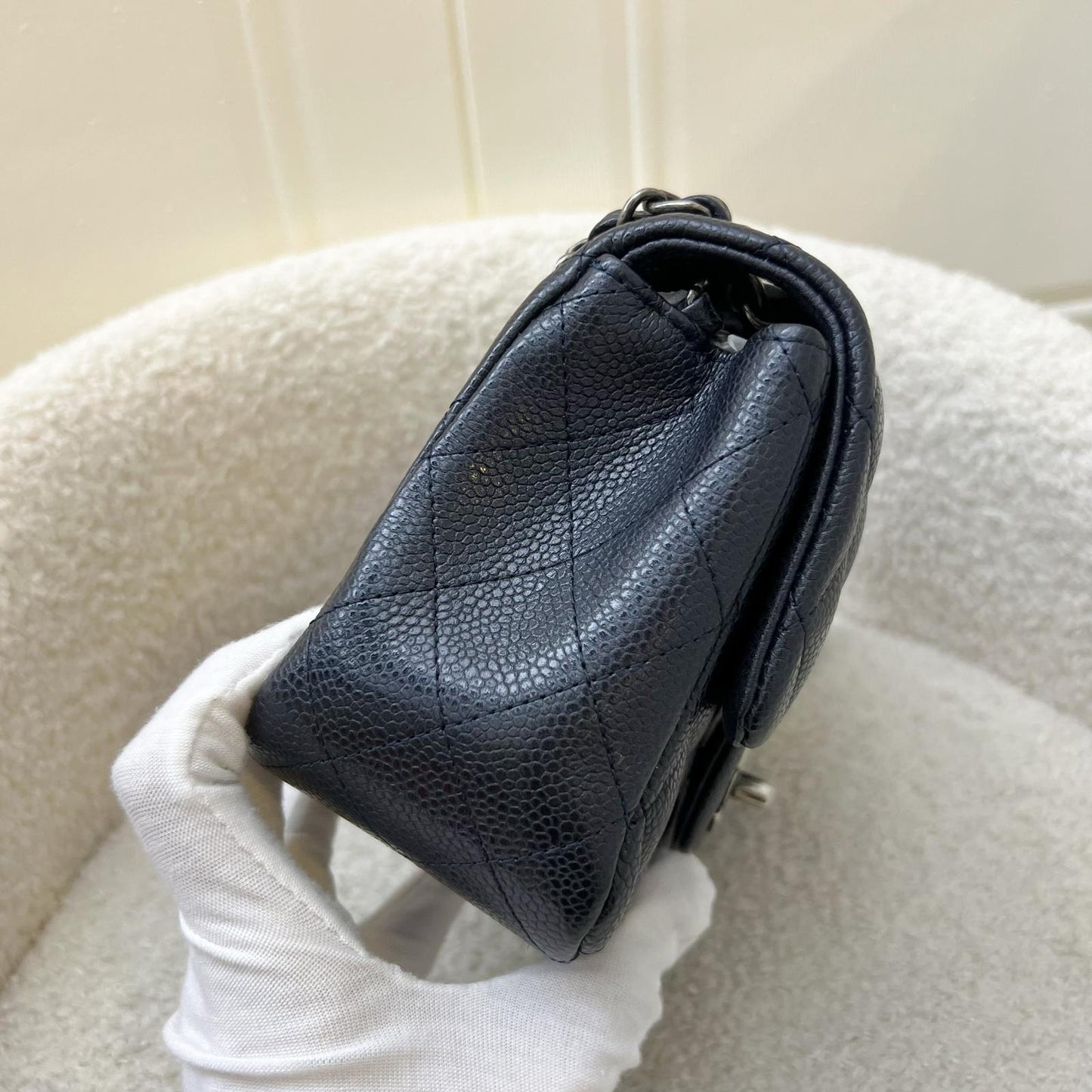 Chanel Classic Mini Square Flap in Navy Blue (Almost Black) Caviar and RHW